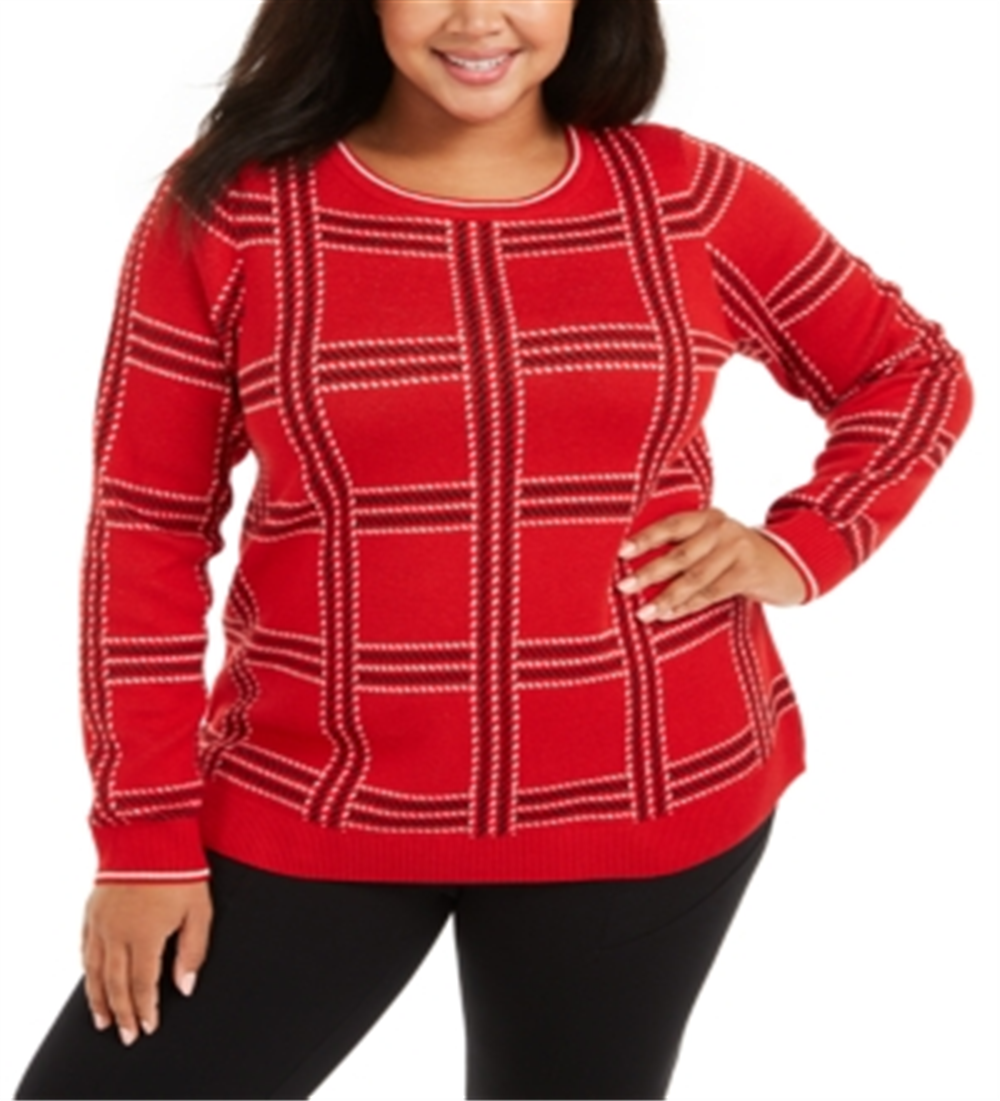 Charter Club Women's Metallic Plaid Sweater Red Size 1X