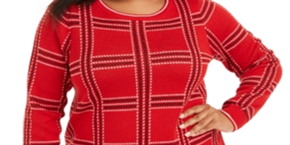 Charter Club Women's Metallic Plaid Sweater Red Size 1X