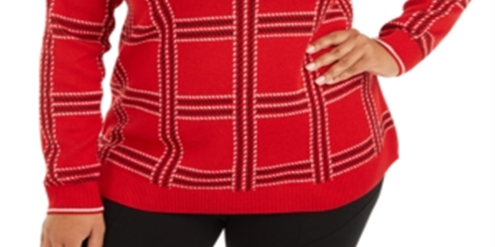 Charter Club Women's Metallic Plaid Sweater Red Size 1X
