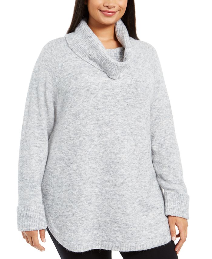 Style & Co Women's Plus Waffle Knit Trim Cowlneck Sweater Gray Size 0X
