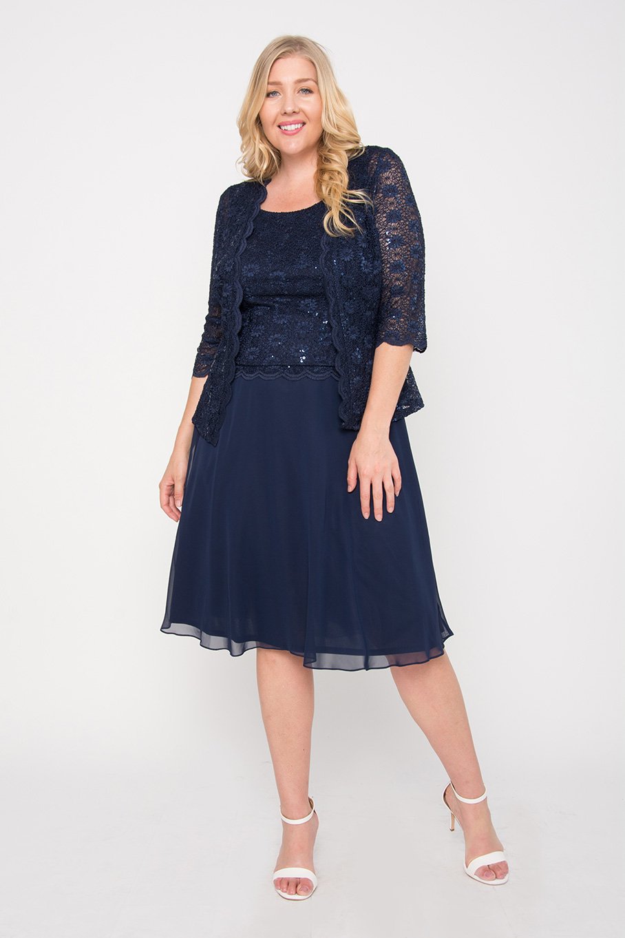 R&M Richards Women's Sheer Skirt & Lace Jacket Dress Blue Size 10