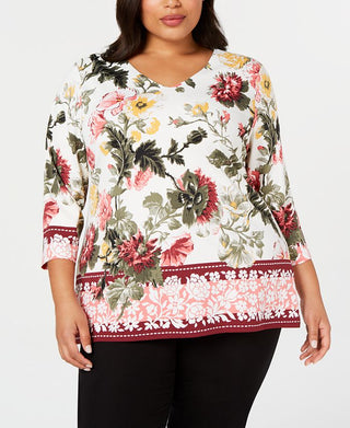 Charter Club Women's Plus V Neck Garden Top White Size 0X