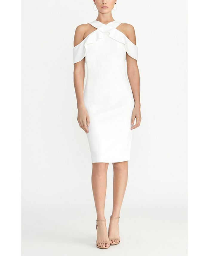 Rachel Roy Women's Ruffled Cold Shoulder Short Sleeve Halter Knee Length Party Sheath Dress White Size XX-Large