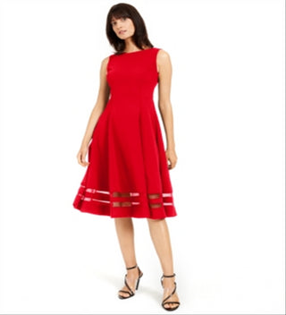 Calvin Klein Women's Illusion Trim Fit Flare Dress Red Size 14