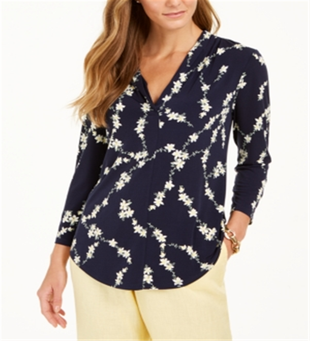Charter Club Women's Printed V Neck Top Blue Size Small