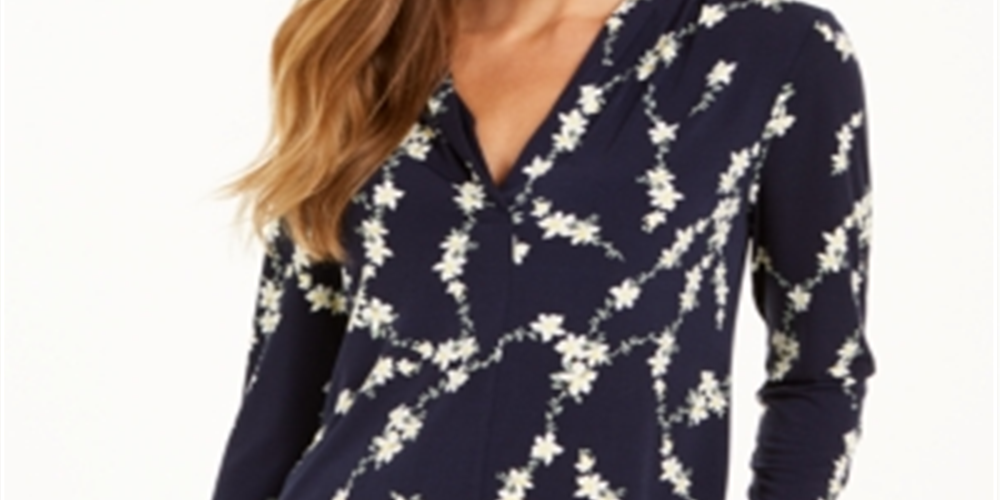 Charter Club Women's Printed V Neck Top Blue Size Small