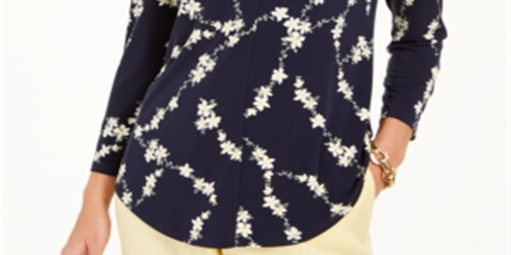 Charter Club Women's Printed V Neck Top Blue Size Small