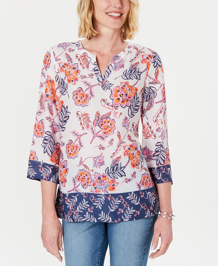 Charter Club Women's Petite Double-Floral Printed Tunic  White Size Petite M