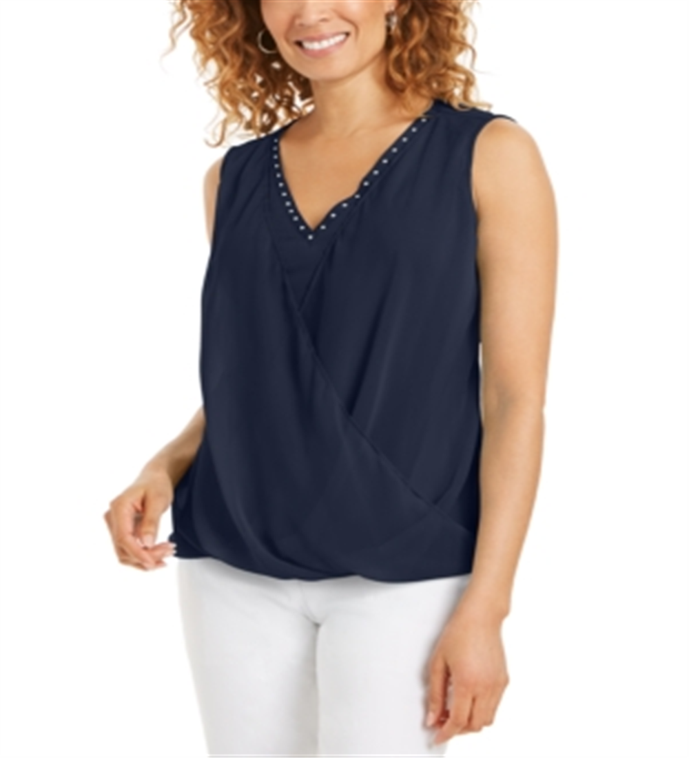 JM Collection Women's Sleeveless Studded Draped Top Blue Size Large