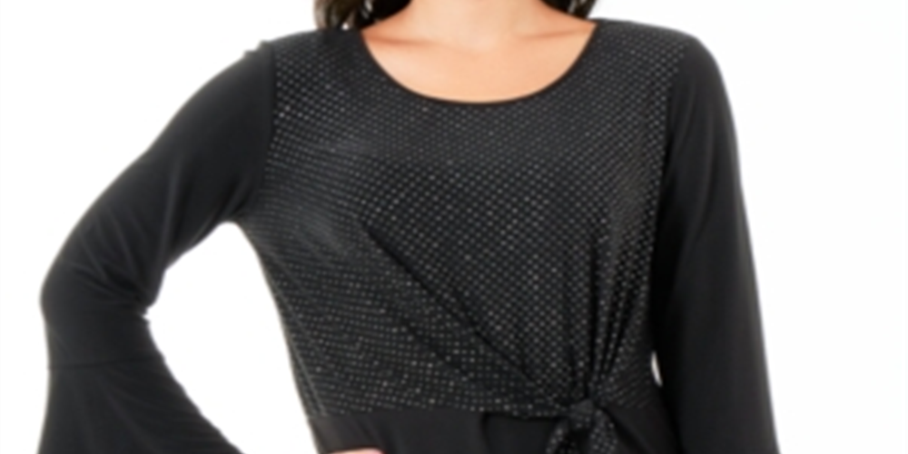 NY Collection Women's Embellished Bell Sleeve Scoop Neck Top Black Size Petite Small
