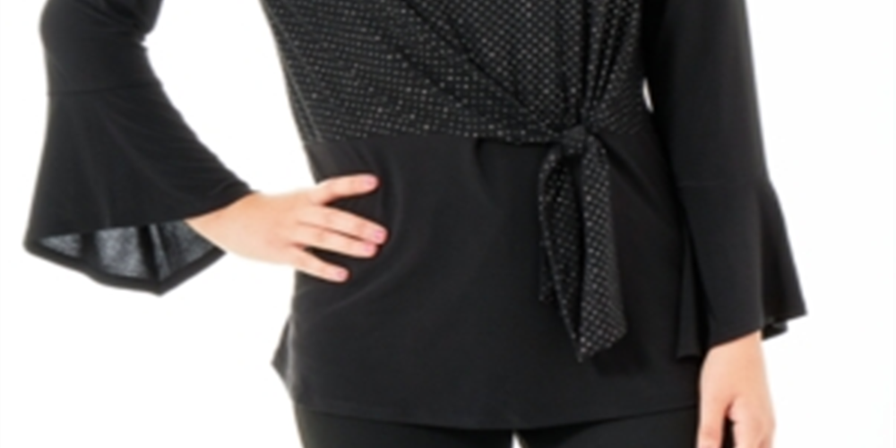 NY Collection Women's Embellished Bell Sleeve Scoop Neck Top Black Size Petite Small