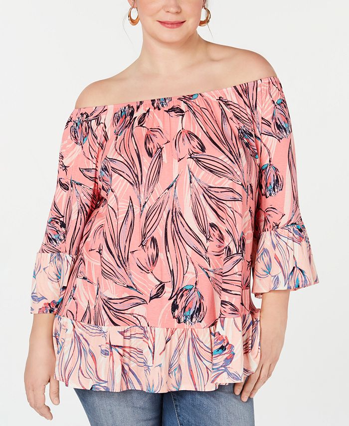 Style & Co Women's Plus Sedona Oasis Printed Ruffled Blouse Orange Size 0X