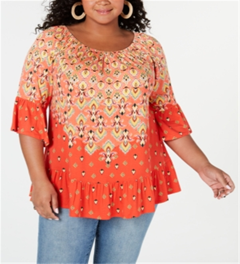 Style & Co Women's Plus Sedona Oasis Printed Ruffled Blouse Orange Size 0X
