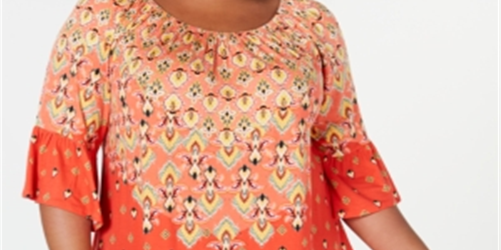 Style & Co Women's Plus Sedona Oasis Printed Ruffled Blouse Orange Size 0X