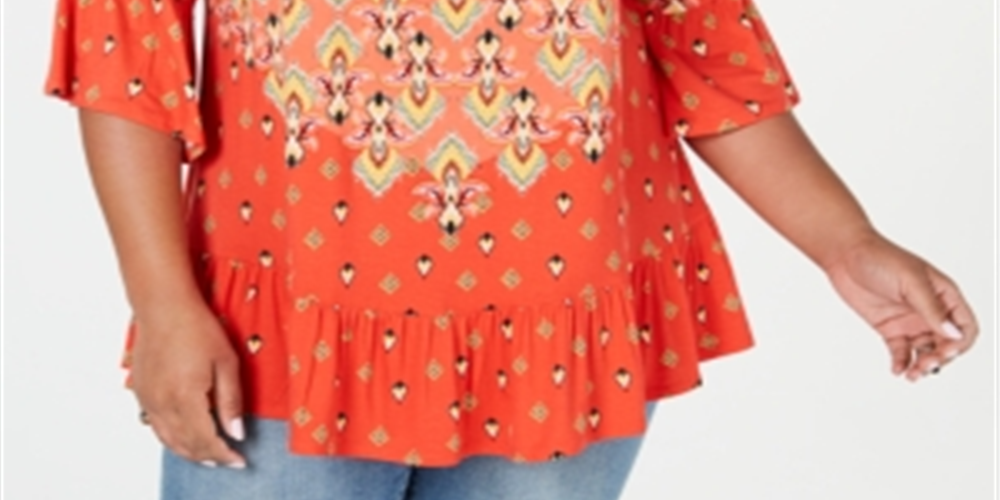 Style & Co Women's Plus Sedona Oasis Printed Ruffled Blouse Orange Size 0X