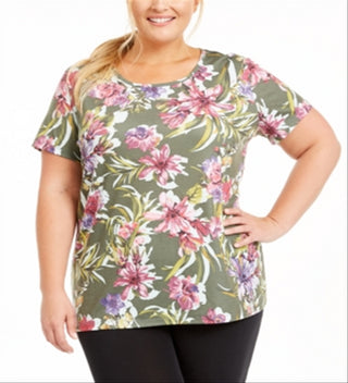 Ideology Women's Plus Floral Print Keyhole Back T-Shirt Green Size1X