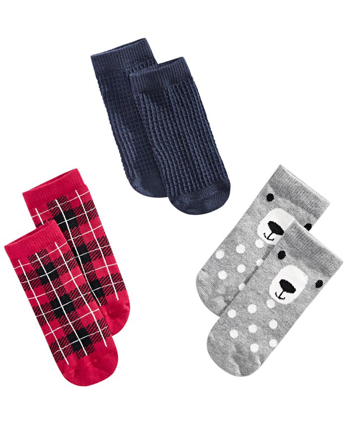 First Impressions Baby Plaid / Grid / Bear 3 Pair Socks Red Size 12-24