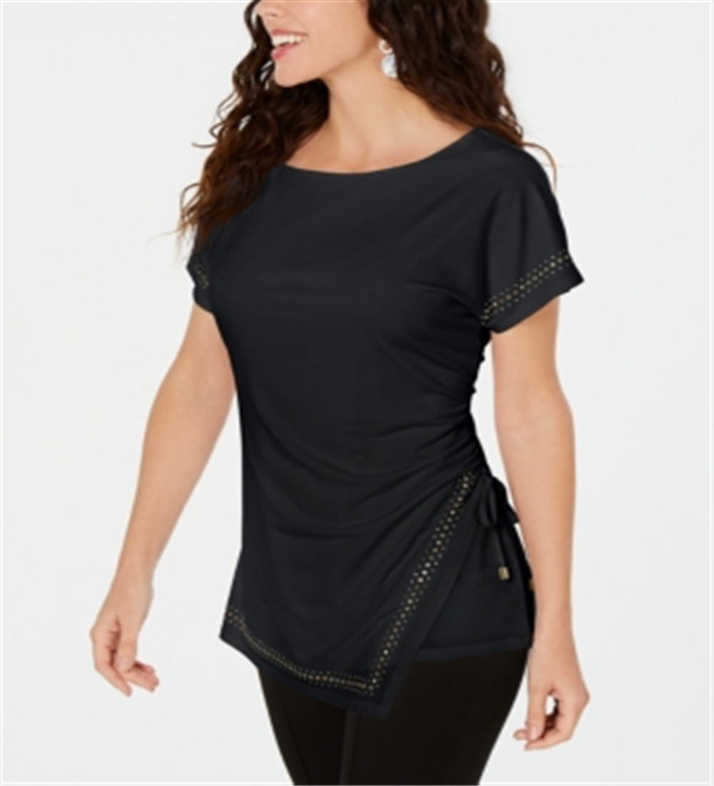 JM Collection Women's Embellished Ruched Side Tie Top Black Size X-Small