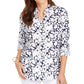 Charter Club Women's Floral Print Button Front Linen Blend Shirt Blue Size Petite XL