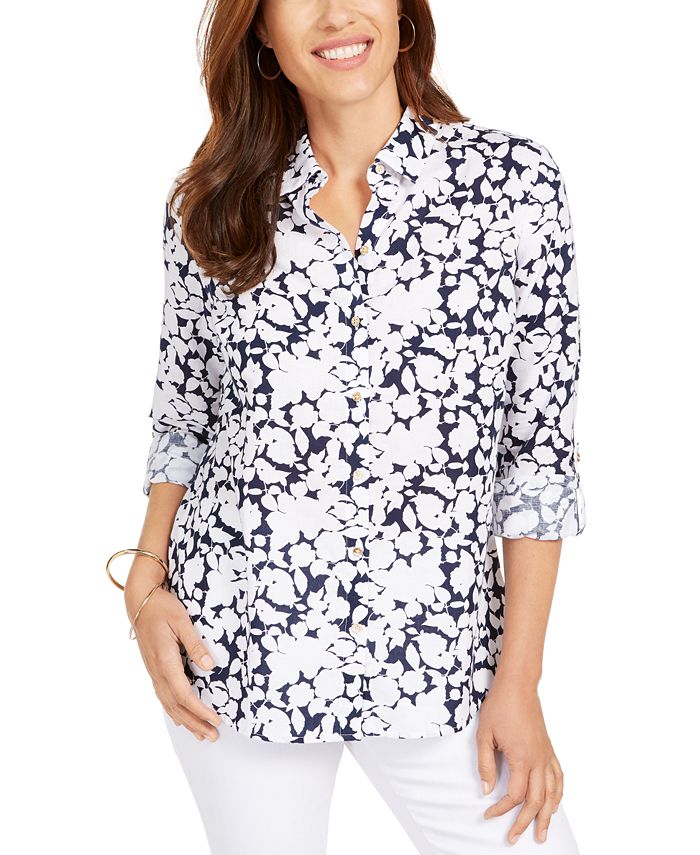 Charter Club Women's Floral Print Button Front Linen Blend Shirt Blue Size Petite XL