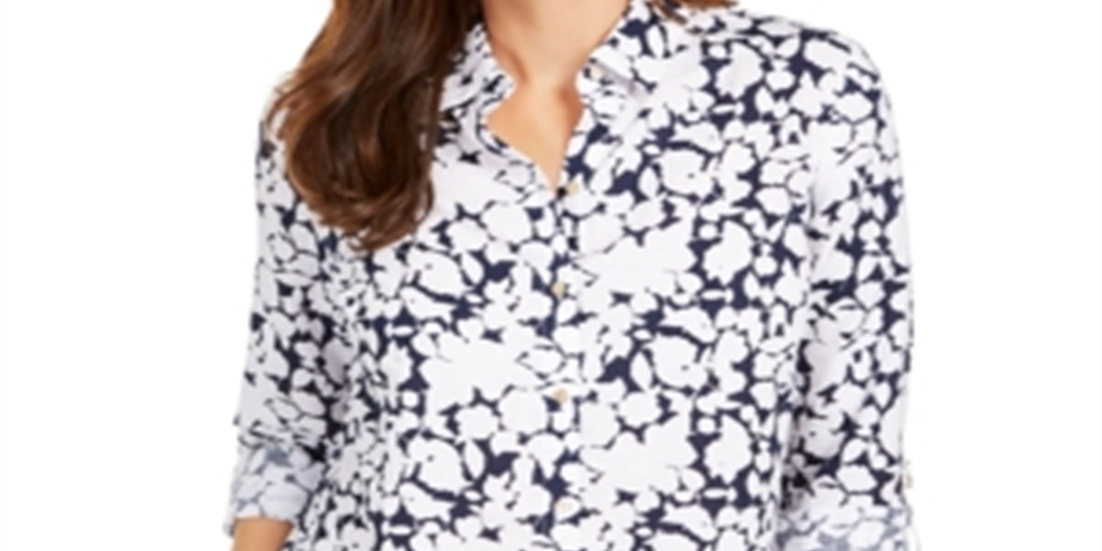 Charter Club Women's Floral Print Button Front Linen Blend Shirt Blue Size Petite XL