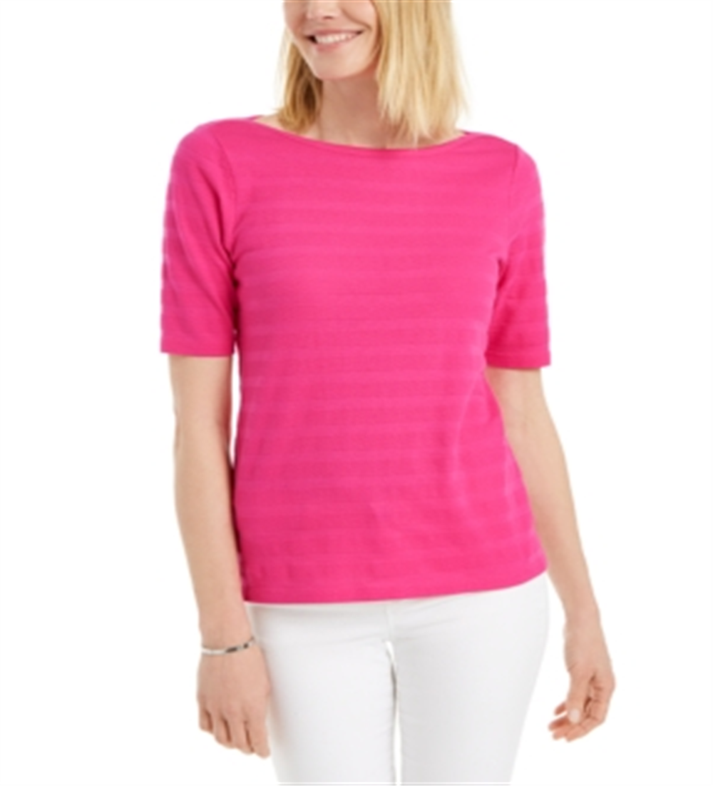 Charter Club Women's Cotton Texture Striped Elbow Sleeve Top Pink Size XX-Large