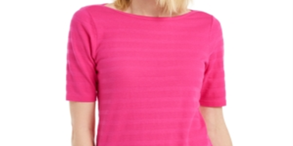 Charter Club Women's Cotton Texture Striped Elbow Sleeve Top Pink Size XX-Large