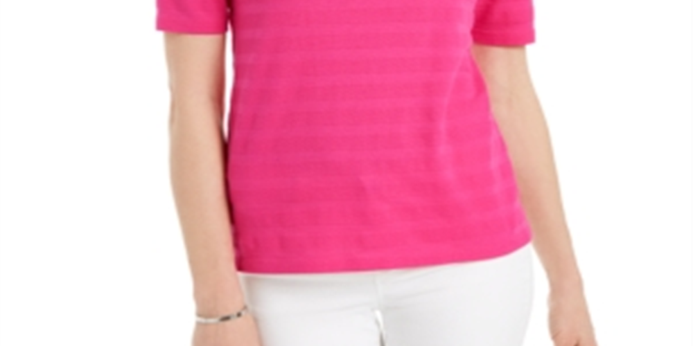 Charter Club Women's Cotton Texture Striped Elbow Sleeve Top Pink Size XX-Large