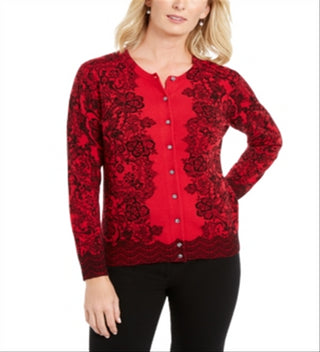 Karen Scott Women's Lace Trails Cardigan Red Size Petite