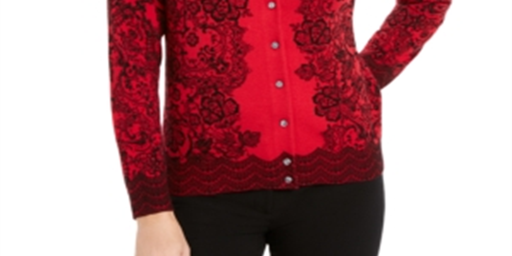 Karen Scott Women's Lace Trails Cardigan Red Size Petite