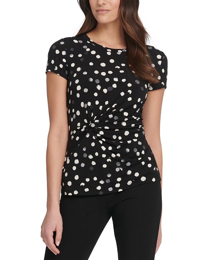 DKNY Women's Dot Print Side Knot Top Gray Size Medium