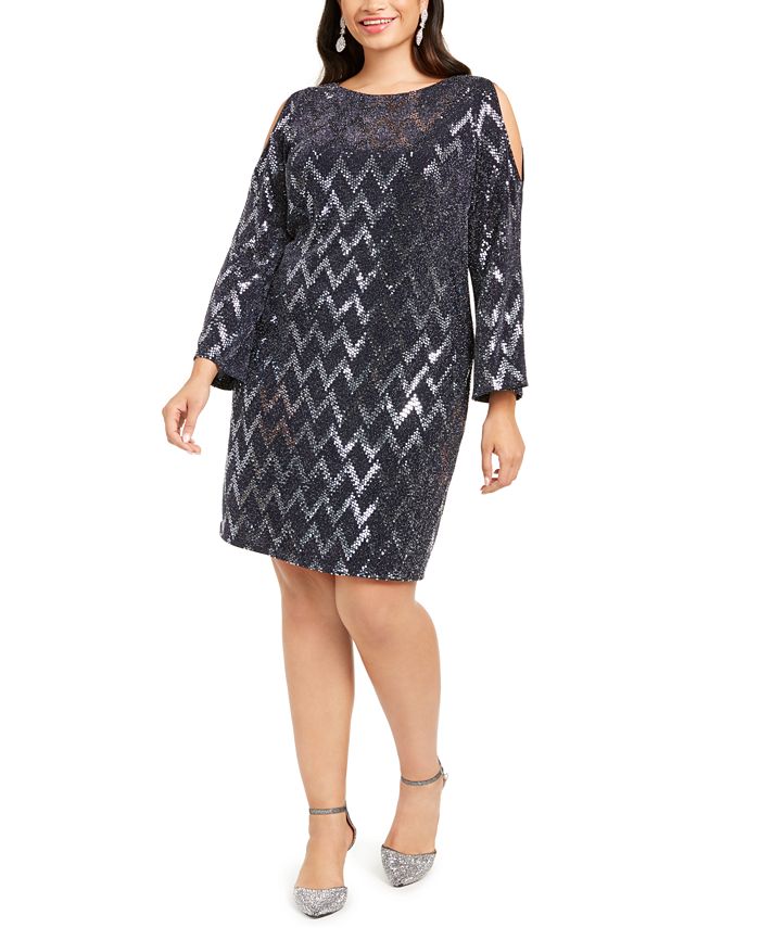 Jessica Howard Women's Plus Metallic Cold Shoulder Sheath Dress Blue Size 14-W