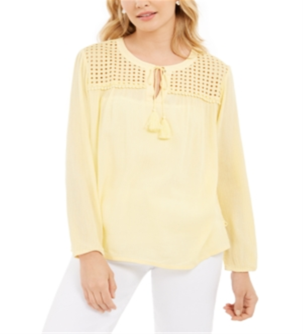Charter Club Women's Tassel Tie Eyelet Linen Top Yellow Size Small