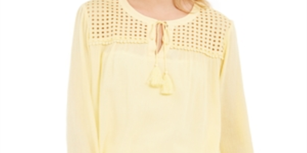Charter Club Women's Tassel Tie Eyelet Linen Top Yellow Size Small