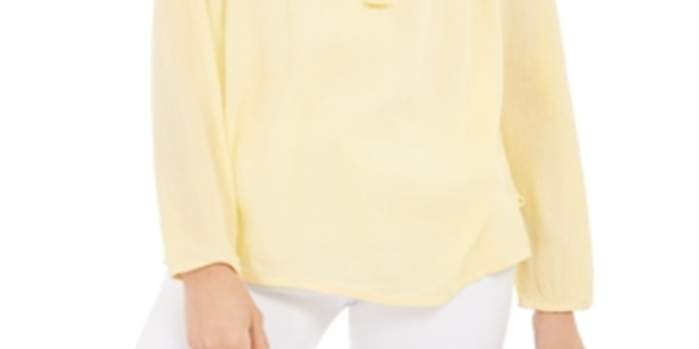 Charter Club Women's Tassel Tie Eyelet Linen Top Yellow Size Small