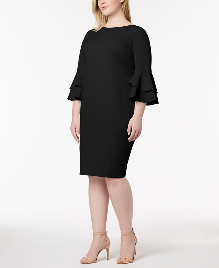 Calvin Klein Women's Ruffled Sleeves Bell Sleeve Jewel Neck Knee Length Body Con Evening Dress Black Size 14W