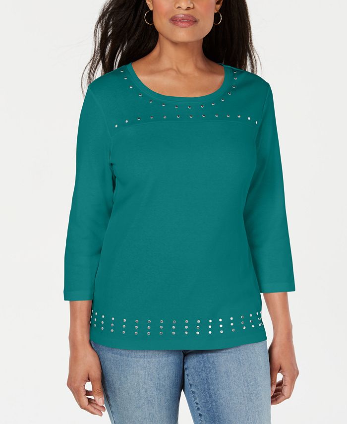 Karen Scott Women's Scoop Neck Studded Top Green Size Small