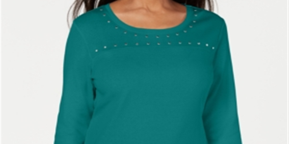 Karen Scott Women's Scoop Neck Studded Top Green Size Small