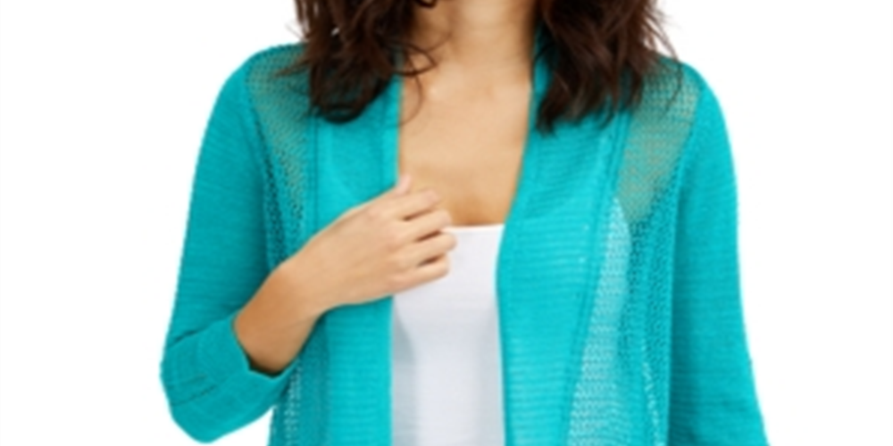 Alfani Women's Mixed Stitch Open Front Linen Blend Cardigan Green Size Small