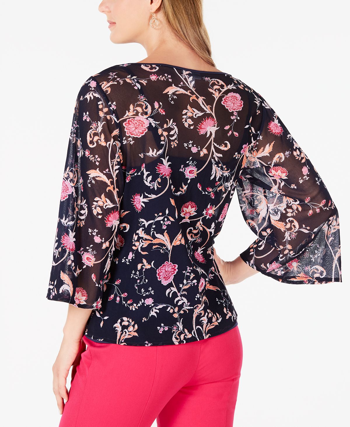 Charter Club Women's Bell Sleeve Printed Top Blue Size Petite