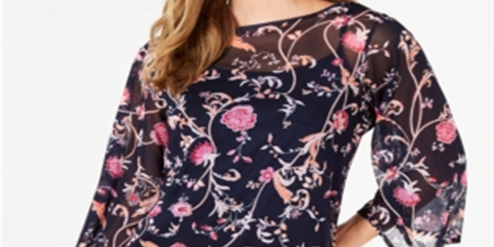 Charter Club Women's Bell Sleeve Printed Top Blue Size Petite