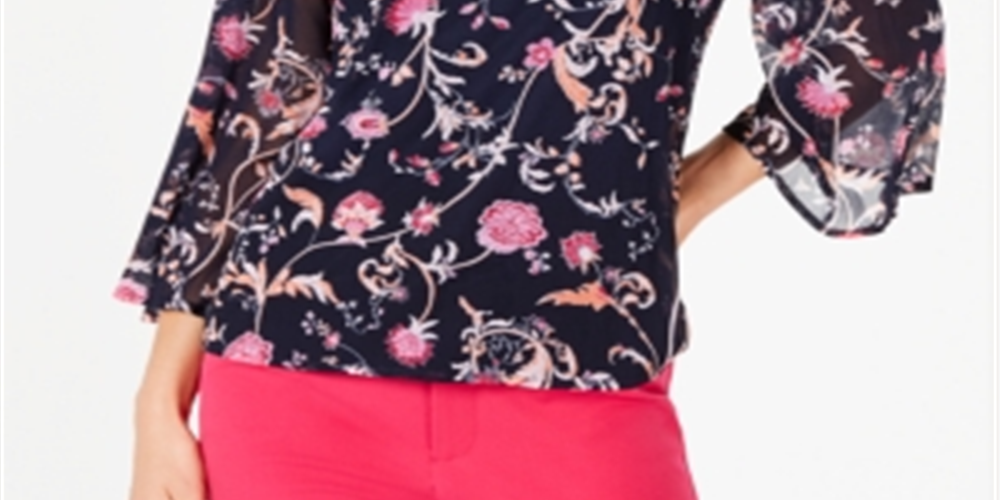 Charter Club Women's Bell Sleeve Printed Top Blue Size Petite