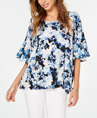 Alfani Women's Floral Print Ruffled Top Blue Size L
