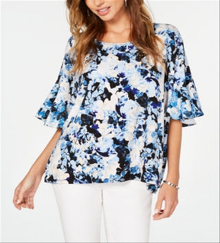 Alfani Women's Floral Print Ruffled Top Blue Size L