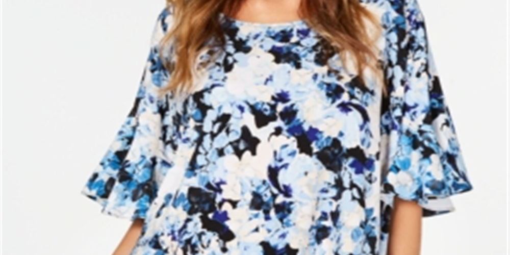 Alfani Women's Floral Print Ruffled Top Blue Size L