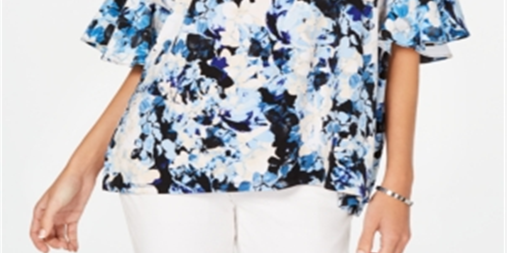 Alfani Women's Floral Print Ruffled Top Blue Size L