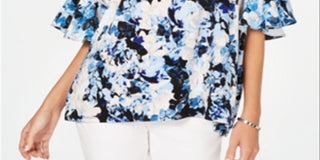 Alfani Women's Floral Print Ruffled Top Blue Size L