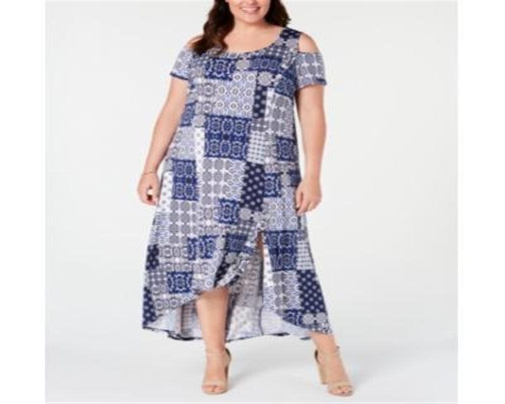 NY Collection Women's Plus Petite Asymmetric Maxi Dress Blue Size 3X
