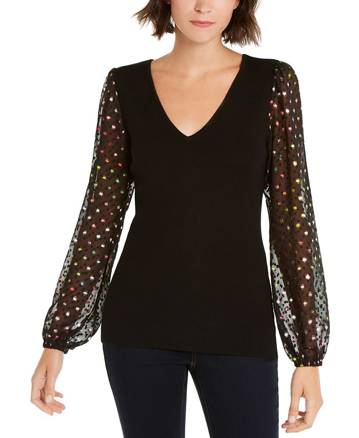 INC International Concepts Women's Knit Clip Dot Metallic Sweater Black Size Small