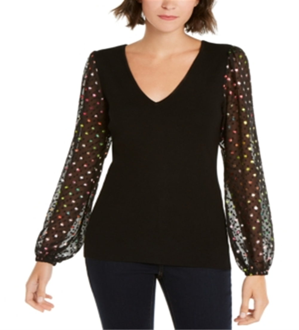 INC International Concepts Women's Knit Clip Dot Metallic Sweater Black Size Small